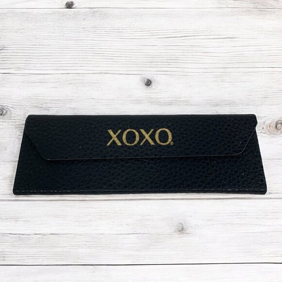 XOXO Foldable Origami Glasses/Sunglasses Case Black Leather Blue Fabric Lining - Picture 1 of 4